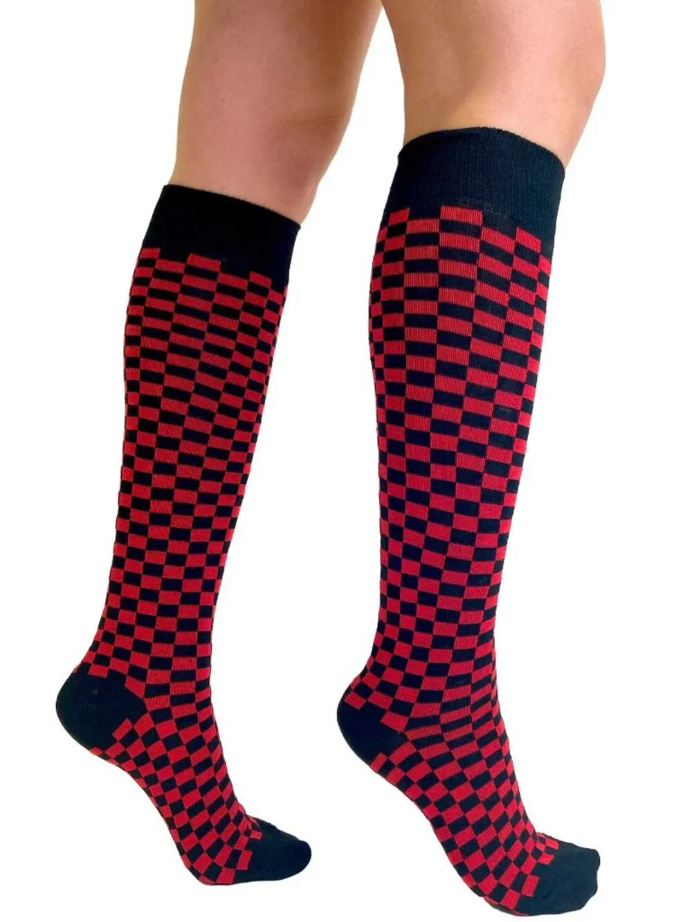 Red & Black Checkerboard Knee-High Socks
